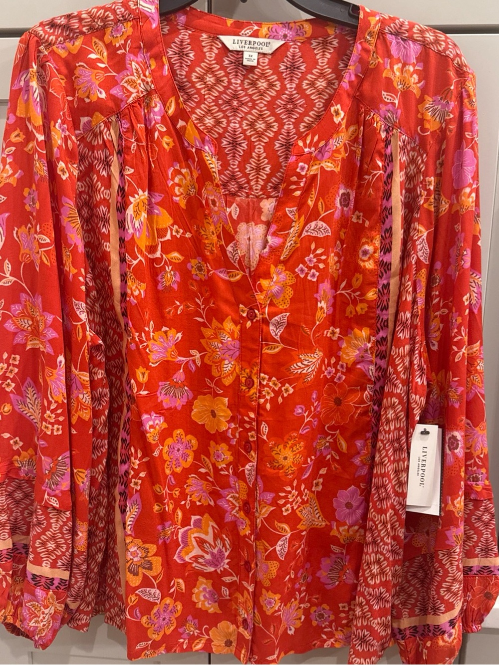 Liverpool Floral Print Top Women's Plus Size 3X Orange Red Blouson Sleeves NWT